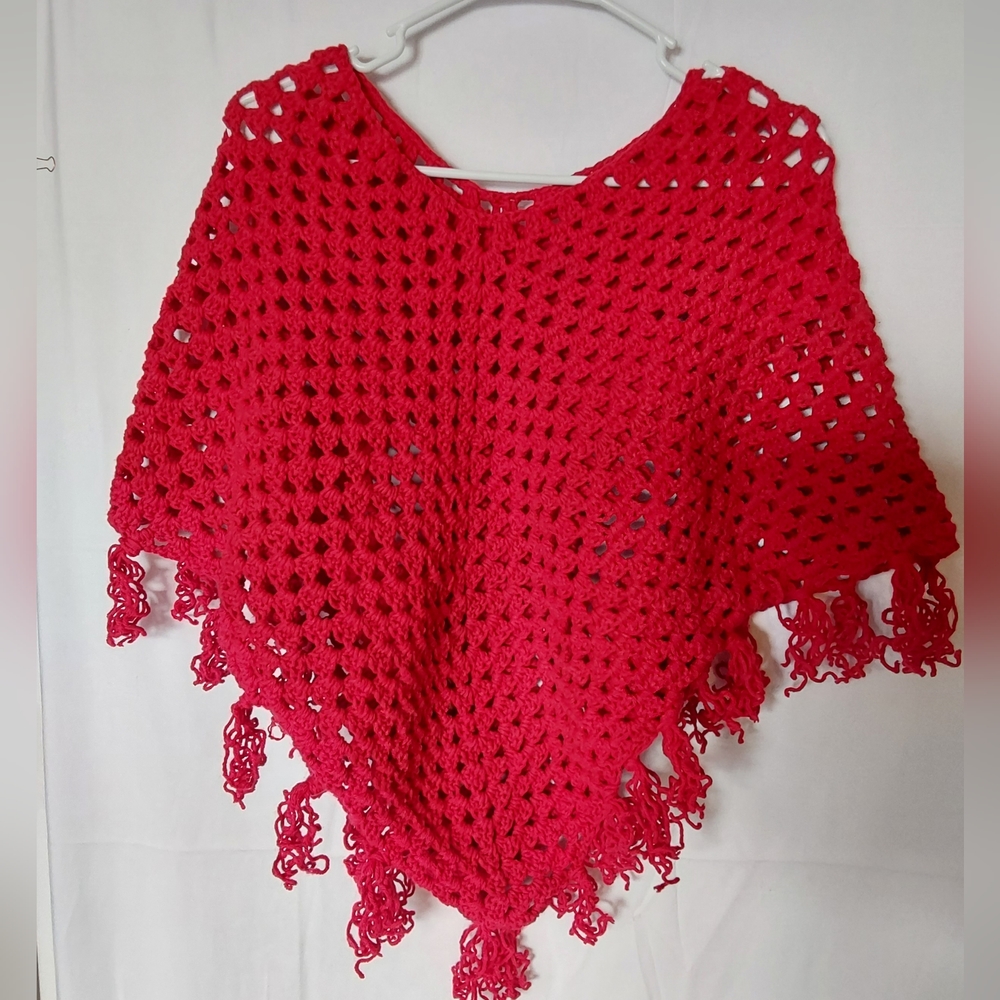 Crochet Poncho, Girl’s Size Large Red Color Handmade Crochet Poncho - Picture 5 of 7